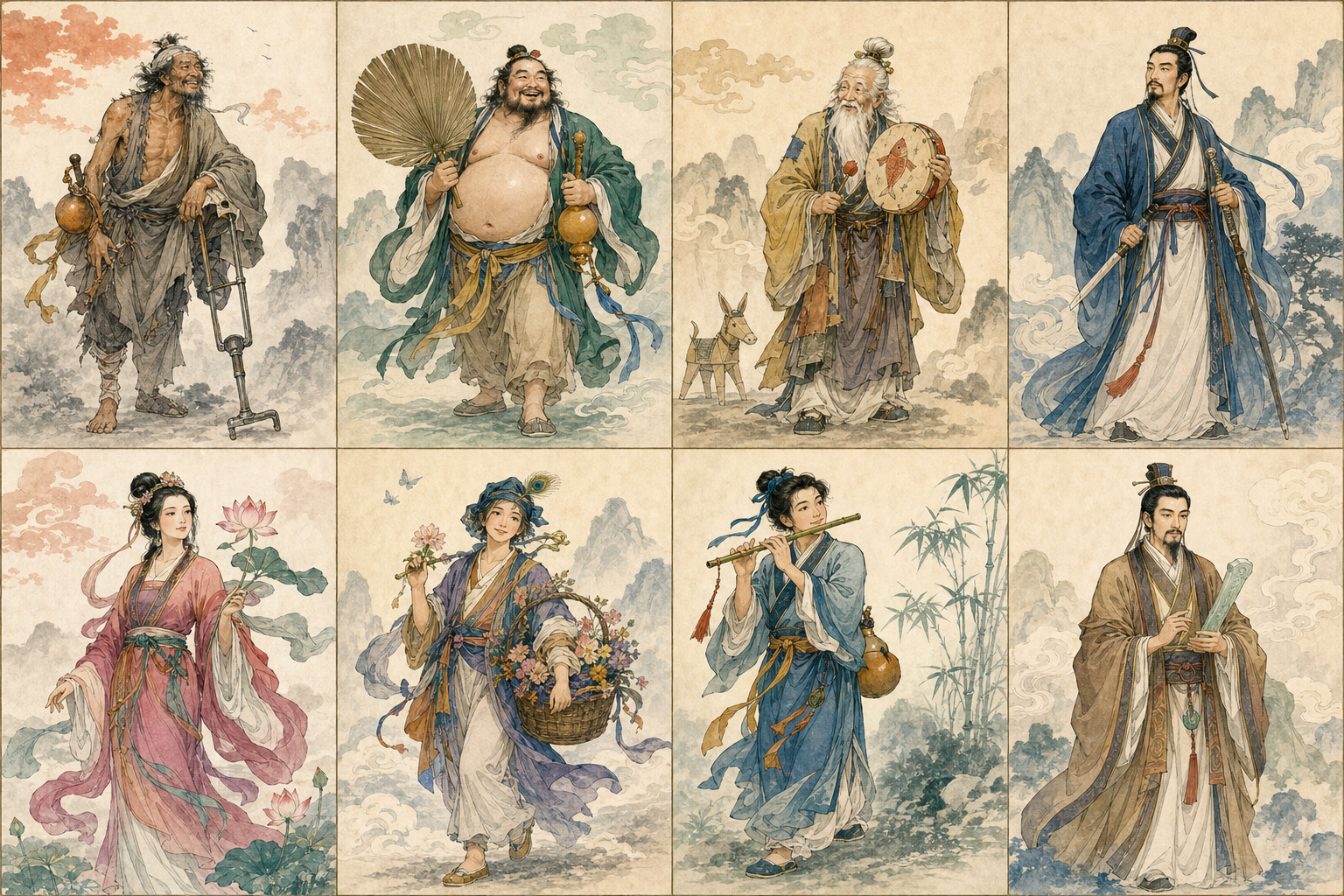 Reference sheet naming the Eight Immortals and their traditional attributes